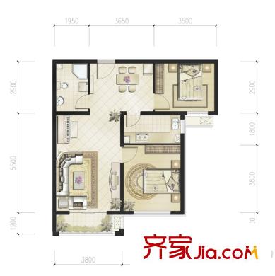 恒华安纳湖北区2居户型 2室2厅1卫1厨