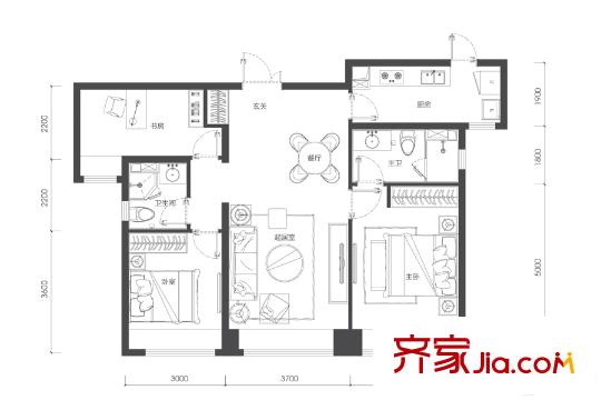 通州富力中心一期A1、A2、A3、A5#B户型 3室2厅2卫1厨
