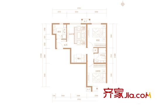 京投银泰万科西华府三期2#楼B2户型图 2室2厅1卫1厨