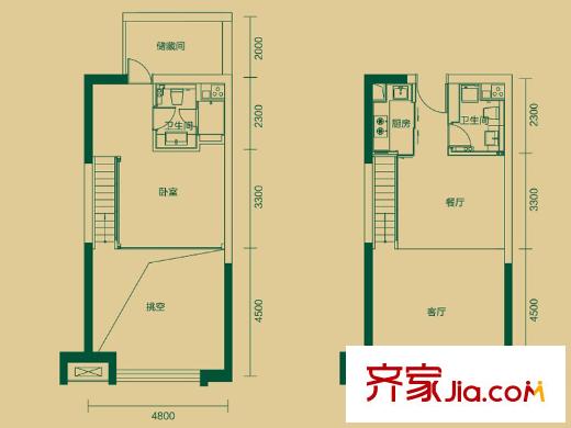 珠江四季悦城一居平面户型 1室1厅2卫1厨