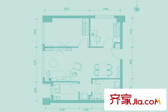 空港国际P-A户型 2室2厅1卫1厨