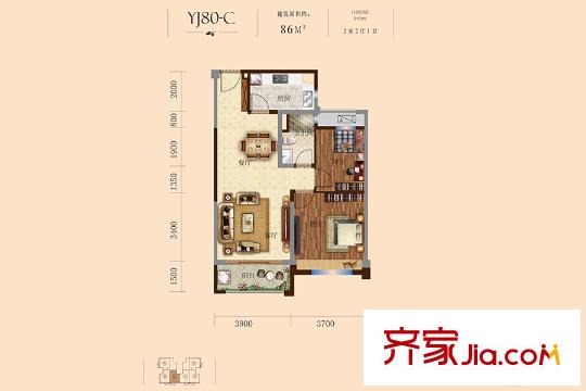 碧桂园九龙湾156-157#楼YJ80-C户型图 2室2厅1卫1厨