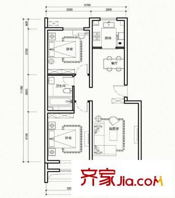 凯德锦绣户型图C2户型 2室2厅1卫1厨