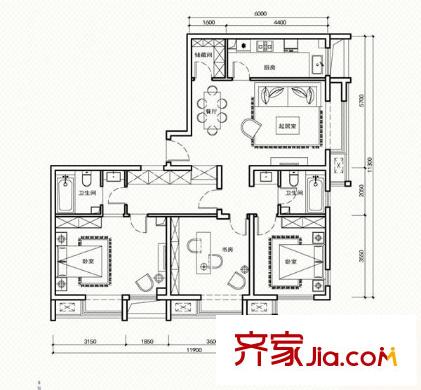 凯德锦绣户型图B5+B6户型 3室2厅2卫1厨