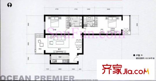 远洋德邑户型图5#R户型 2室2厅2卫1厨