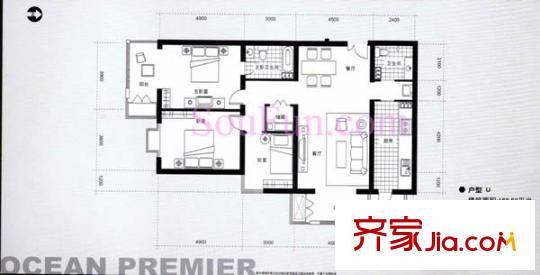 远洋德邑户型图5#U户型 3室2厅2卫1厨