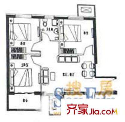 泰華龍旗廣場(chǎng)戶型圖三居戶型圖 3室2廳1衛(wèi)1廚