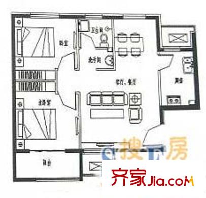 泰華龍旗廣場戶型圖二居戶型圖 2室2廳1衛(wèi)1廚