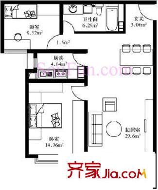 天和人家户型图3#D2型 2室2厅1卫1厨