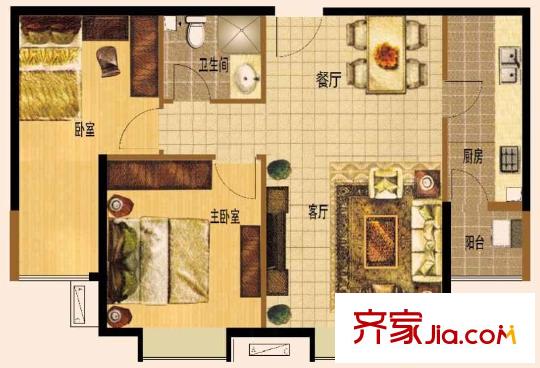 紫金新干線二期14、19號(hào)樓B1戶型 2室2廳1衛(wèi)1廚