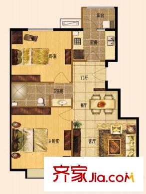 紫金新干線二期11、12號(hào)樓B20戶型 2室2廳1衛(wèi)1廚