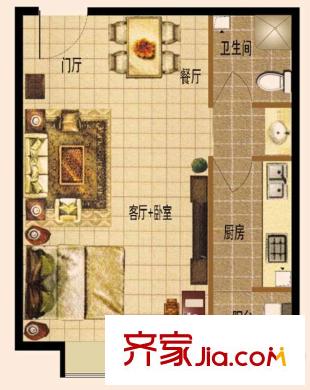 紫金新干線二期9#A1戶型圖（售完） 1室1廳1衛(wèi)1廚
