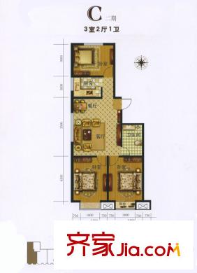 瑞祥國際二期6#樓標準層C戶型 3室2廳1衛(wèi)1廚