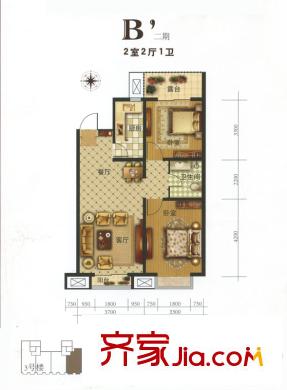 瑞祥國際二期3#樓標(biāo)準(zhǔn)層B戶型 2室2廳1衛(wèi)1廚
