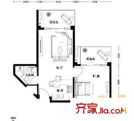 兆丰园户型图户型图 1室2厅1卫1厨