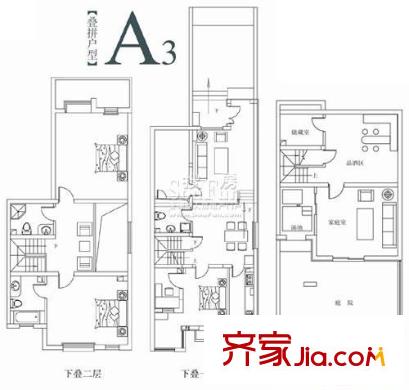 湯HOUSE別墅戶型圖湯山庭院戶型圖A3 3室4廳3衛(wèi)1廚