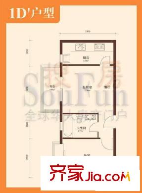 华富丽苑户型图1D’户型 1室2厅1卫1厨