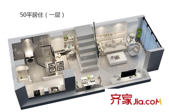 绿地诺亚方舟3#50平居住(一层)户型 2室2厅1卫1厨