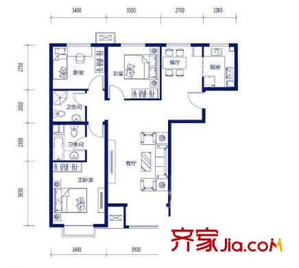 长阳国际城户型图户型图 3室2厅2卫1厨