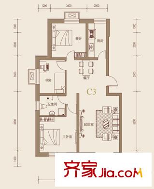 盛世峰景戶型圖C3戶型 3室2廳1衛(wèi)1廚
