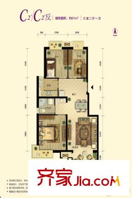 中国铁建・原香漫谷四期C2/C2反户型 2室2厅1卫1厨