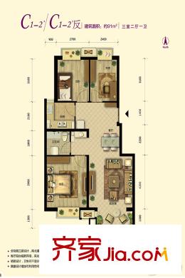 中国铁建・原香漫谷四期C1-2/C1-2反户型 3室2厅1卫1厨