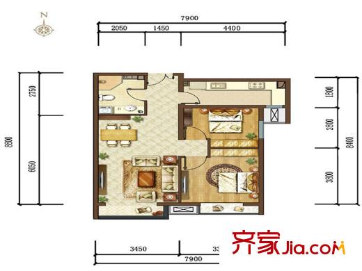 首開國風(fēng)美唐二期朗觀8號樓1單元02戶E2戶型 2室2廳1衛(wèi)1廚
