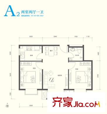 翠林漫步A2户型 2室2厅1卫1厨