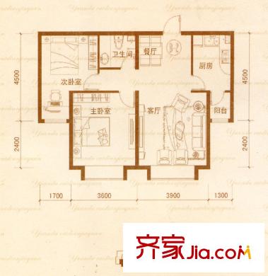 銳點嘉苑戶型圖標準層B-2戶型 2室2廳1衛(wèi)1廚