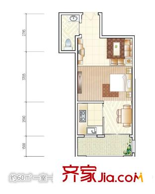 盛世尚水城G10#樓60平方米C戶型 1室1廳1衛(wèi)1廚