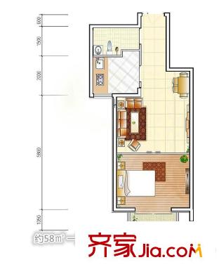 盛世尚水城G10#樓58平方米D戶型 1室1廳1衛(wèi)1廚