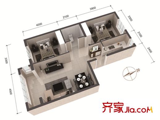 南港新城二期112#119#樓D戶型 2室2廳1衛(wèi)1廚
