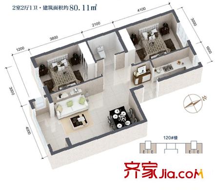 南港新城二期116#樓E戶型 2室2廳1衛(wèi)1廚