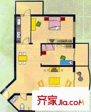 怡清园户型图三号楼F户型 2室2厅1卫1厨