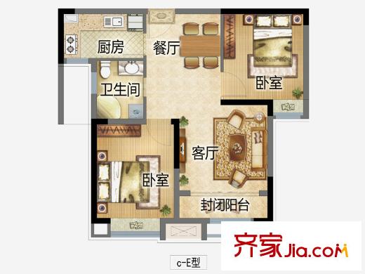 蓝光星华・海悦城E户型 2室2厅1卫1厨