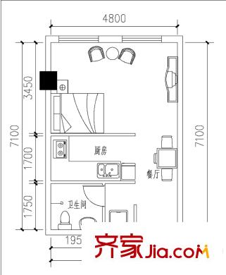 藍海公寓戶型圖E戶型平面布置圖 1室1廳1衛(wèi)1廚