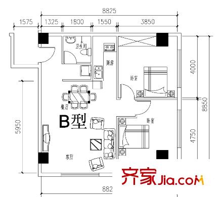 藍海公寓戶型圖B戶型平面布置圖 2室2廳1衛(wèi)1廚