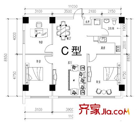 藍海公寓戶型圖C戶型平面布置圖 3室2廳1衛(wèi)1廚