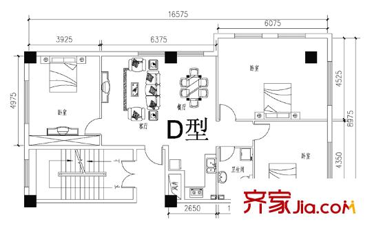 藍海公寓戶型圖D戶型平面布置圖 3室2廳1衛(wèi)1廚