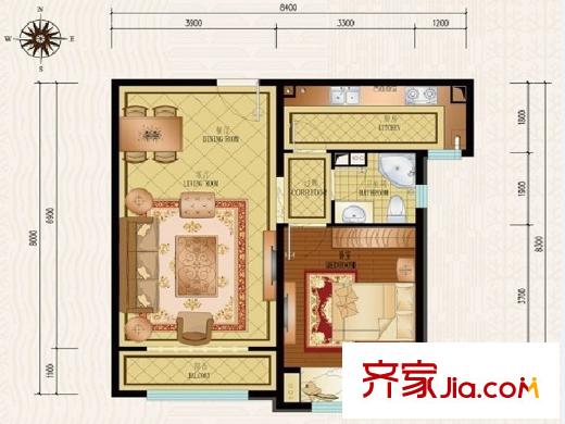 納帕瀾郡戶型圖5號樓N戶型圖 1室1廳1衛(wèi)1廚