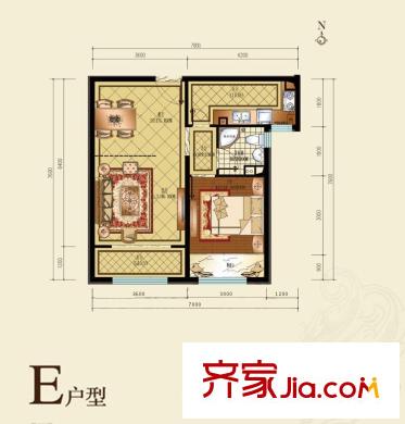 納帕瀾郡戶型圖E戶型 1室2廳1衛(wèi)1廚