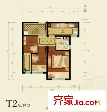 納帕瀾郡戶型圖T2反戶型 3室1廳1衛(wèi)1廚