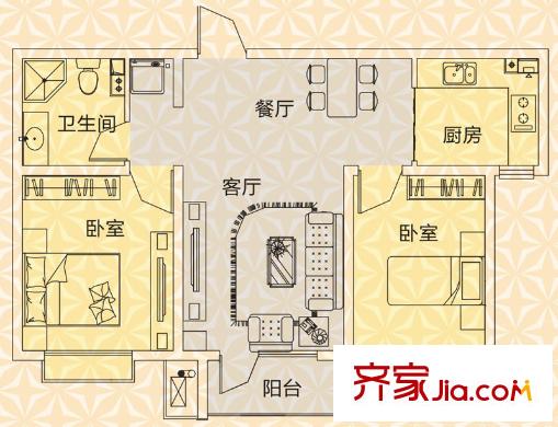 京港國際城戶型圖高層標準層2室戶型 2室2廳1衛(wèi)1廚