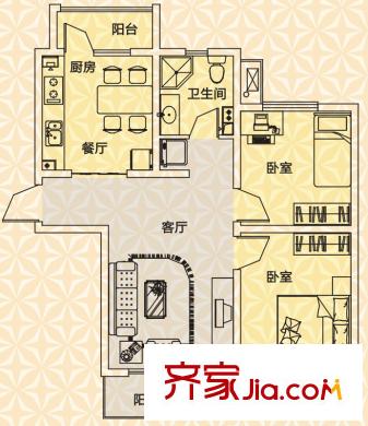 京港國際城戶型圖高層標準層2室戶型 2室2廳1衛(wèi)1廚