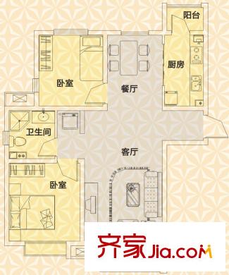 京港國際城戶型圖高層標準層2室戶型 2室2廳1衛(wèi)1廚