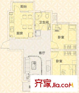 京港國際城戶型圖高層標準層2室戶型 2室2廳1衛(wèi)1廚