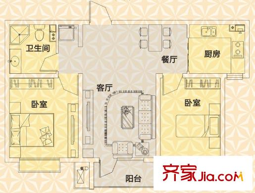 京港國際城戶型圖高層標準層2室戶型 2室2廳1衛(wèi)1廚