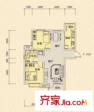 京港國際城戶型圖高層標準層2室戶型 2室2廳1衛(wèi)1廚