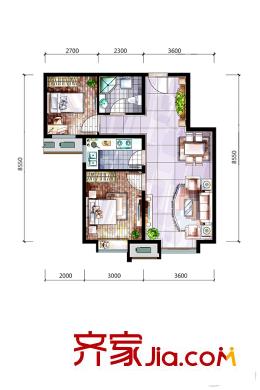 远洋春天著F户型 2室2厅1卫1厨