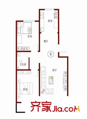 華都圣地戶型圖H戶型 2室2廳1衛(wèi)1廚